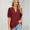 Women Summer Casual V-Neck Hollow Bubble Sleeve Loose T-Shirt, Size: L(Wine Red)