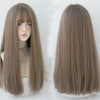 Female Black Long Straight Wig With Air Bangs(Honey Tea Linen (Solid Color) 58CM)