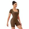 Women Square Neck Tight Quick-drying Yoga Short-sleeved Jumpsuit, Size: XXL(Dark Brown)