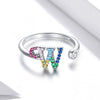S925 Sterling Silver 26 English Letters Colorful Zircon Women Open Ring, Style:W