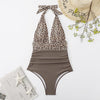 Summer One-piece Backless Lace-Up Ladies Swimsuit Floral-print Halter Bikini, Size: M(Leopard+Coffee)