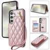 For Samsung Galaxy S24 5G Rhombic Dual Buckle Card Slots Phone Case with Lanyard(Rose Gold)