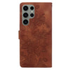 For Samsung Galaxy S23 Ultra 5G Lace Floral Embossed Magnetic Buckle PU Phone Case With Wrist Strap(Brown)