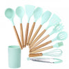 kn082 11 in 1 Wooden Handle Silicone Kitchen Tool Set with Storage Bucket(Green)