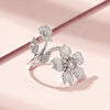 BSR076 Sterling Silver S925 White Gold Plated Zircon Cherry Blossom Open Adjustable Ring