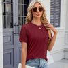 Summer Women Round Neck Flower Lace Patchwork Short Sleeve T-Shirt, Size: S(Wine Red)