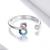 S925 Sterling Silver 26 English Letters Colorful Zircon Women Open Ring, Style:S