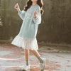 Autumn Girls Fashion Letter Pattern Long Sleeve Lace Stitching Dress, Kid Size:140 Yards(Light Blue)