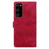 For Samsung Galaxy S20 FE Lace Floral Embossed Magnetic Buckle PU Phone Case With Wrist Strap(Red)