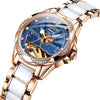 JIN SHI DUN 8831 Women Fashion Diamond Hollowed Waterproof Ceramic Mechanical Watch(Blue)