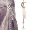 Fashion Elegant Women Lady Moon Rhinestone Crystal Tassel Long Chain Beads Dangle Hairpin Hair Clip Hair Jewelry(Gold)