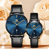 OLEVS 5869 1 Pair Couple Waterproof Genuine Leather Strap Quartz Watch(Blue + Black)