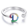 S925 Sterling Silver 26 English Letters Colorful Zircon Women Open Ring, Style:D