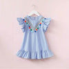 Girls Neckline Tassel Vertical Stripes Ruffled Dress, Height:90cm(Blue)