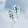 S925 Sterling Silver Green Leaf Open Adjustable Ring(BSR542-E)
