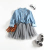 Spring and Summer Girls Long-sleeved Denim Stitching Mesh Dress, Size:110cm(Light Blue)