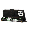 For iPhone 15 Pro Floral Pattern Leather Phone Case with Lanyard(Black)