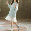 Autumn Girls Fashion Letter Pattern Long Sleeve Lace Stitching Dress, Kid Size:150 Yards(Light Blue)