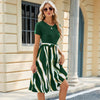Women Spring Summer Round Neck Splicing Printed Short Sleeve Big Hem Dress, Size: M(Dark Green)