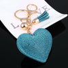 Heart Keychain Leather Tassel Gold Key Holder Metal Crystal Key Chain Keyring Charm Bag Auto Pendant Gift(lake blue)