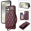 For Samsung Galaxy S25 5G Rhombic Dual Buckle Card Slots Phone Case with Lanyard(Wine Red)