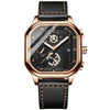 BINBOND B6577 30M Waterproof Luminous Square Quartz Watch, Color: Black Leather-Rose Gold
