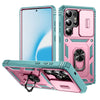 For Samsung Galaxy S25 Ultra 5G Sliding Camshield TPU Hybrid PC Phone Case with Holder(Green+Pink)