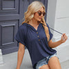 Ladies Summer Hooded Button Loose Short Sleeve T-Shirt Blouse, Size: S(Navy)