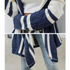 Women Striped Hooded Knit Cardigan Irregular Long-sleeved Sweater Jacket, Size: L(Blue and White)
