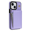For iPhone 14 Three Fold Card Bag Phone Case with Long Lanyard(Purple)