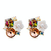 Women Fashion Gold-Plated Inlaid Colored Crystal with White Flower Stud Earrings