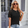 Summer Women Round Neck Flower Lace Patchwork Short Sleeve T-Shirt, Size: S(Black)