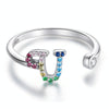 S925 Sterling Silver 26 English Letters Colorful Zircon Women Open Ring, Style:U