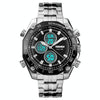 SKMEI 1302 Fashion Men Leisure Wrist Watch Multifunctional Dual-time Sports Digital Watch with Stainless Steel Watchband 30m Waterproof (Silver+Black)