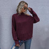 Ladies Loose Off Shoulder Ripped Long-Sleeved Turtleneck Autumn Knitted Sweater, Size:M(Wine Red)