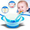 3 in 1 Children Tableware Baby Learning Dishes With Suction Cup Assist Food Bowl Temperature Sensing Spoon (Blue 3 Piece Set)