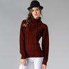 Women High Neck Knitted Sweater Long Sleeve Stranded Flower Bottoming Sweater, Size: L(Wine Red)