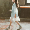 Autumn Girls Fashion Letter Pattern Long Sleeve Lace Stitching Dress, Kid Size:120 Yards(Light Blue)