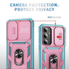 For Samsung Galaxy S25+ 5G Sliding Camshield TPU Hybrid PC Phone Case with Holder(Pink+Green)