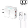 36W Dual Port QC3.0 USB Charger with 3A USB to 8 Pin Data Cable, US Plug(White)
