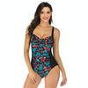 DS02 Ladies Suspender One-Piece Swimsuit With Chest Pad, Size: S(Black Bottomed Leaf Flowers)