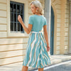 Women Spring Summer Round Neck Splicing Printed Short Sleeve Big Hem Dress, Size: M(Pea Green)