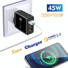 45W PD25W + 2 x QC3.0 USB Multi Port Charger with USB to 8 Pin Cable, US Plug(Black)
