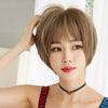 Wig Female Short Hair Round Face Full Top Headgear Short Hair Temperament Bangs Hair Cover(Black Brown 28CM)