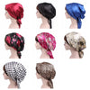 TJM-226 Ladies Satin Print Ribbon Bow Turban Hat Night Cap Silk Chemotherapy Hat Long Tail Braid Hat(Big Black Flower)