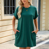 Women Spring Summer Round Neck Pocket Loose Short Sleeve Dress, Size: XXL(Dark Green)