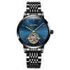 JIN SHI DUN 8812 Women Simple Hollowed Waterproof Automatic Mechanical Watch(Black Steel Strip Blue)