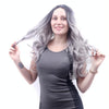Women Medium Haircut Bangs Black Gradient Granny Grey Long Curly Big Wave Wig(Black Gray)