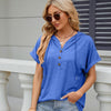 Ladies Summer Hooded Button Loose Short Sleeve T-Shirt Blouse, Size: XXL(Blue)