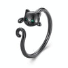 S925 Sterling Silver Cute Cat Women Open Ring (Black)